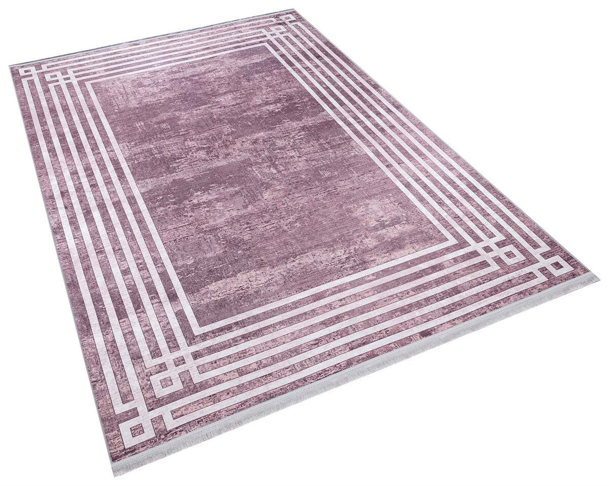 Pink Vintage Geometric Border Area Rug – Washable Pastel Living Room Carpet