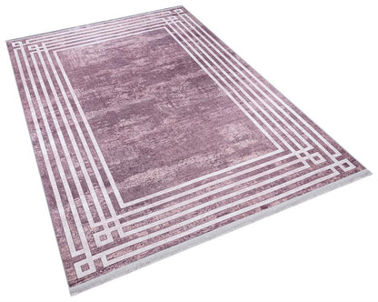 Pink Vintage Geometric Border Area Rug – Washable Pastel Living Room Carpet