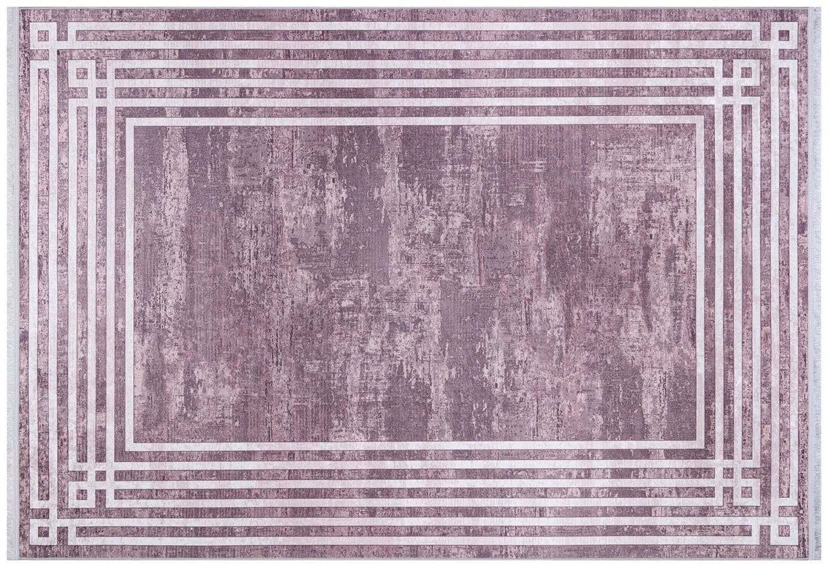 Pink Vintage Geometric Border Area Rug – Washable Pastel Living Room Carpet