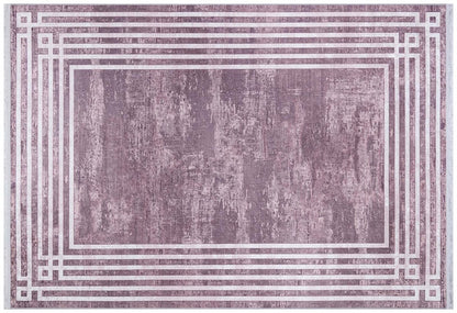 Pink Vintage Geometric Border Area Rug – Washable Pastel Living Room Carpet