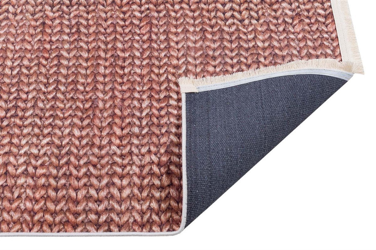 Dusty Rose Chunky Knit Print Area Rug – Washable Boho Faux Wool Weave Home Decor