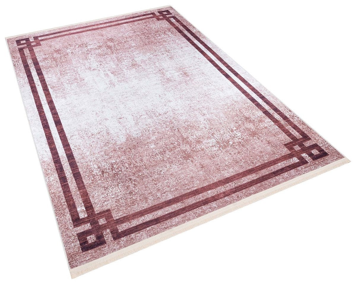Distressed Greek Key Border Rug – Washable Terracotta Cream Faded Antique Carpet