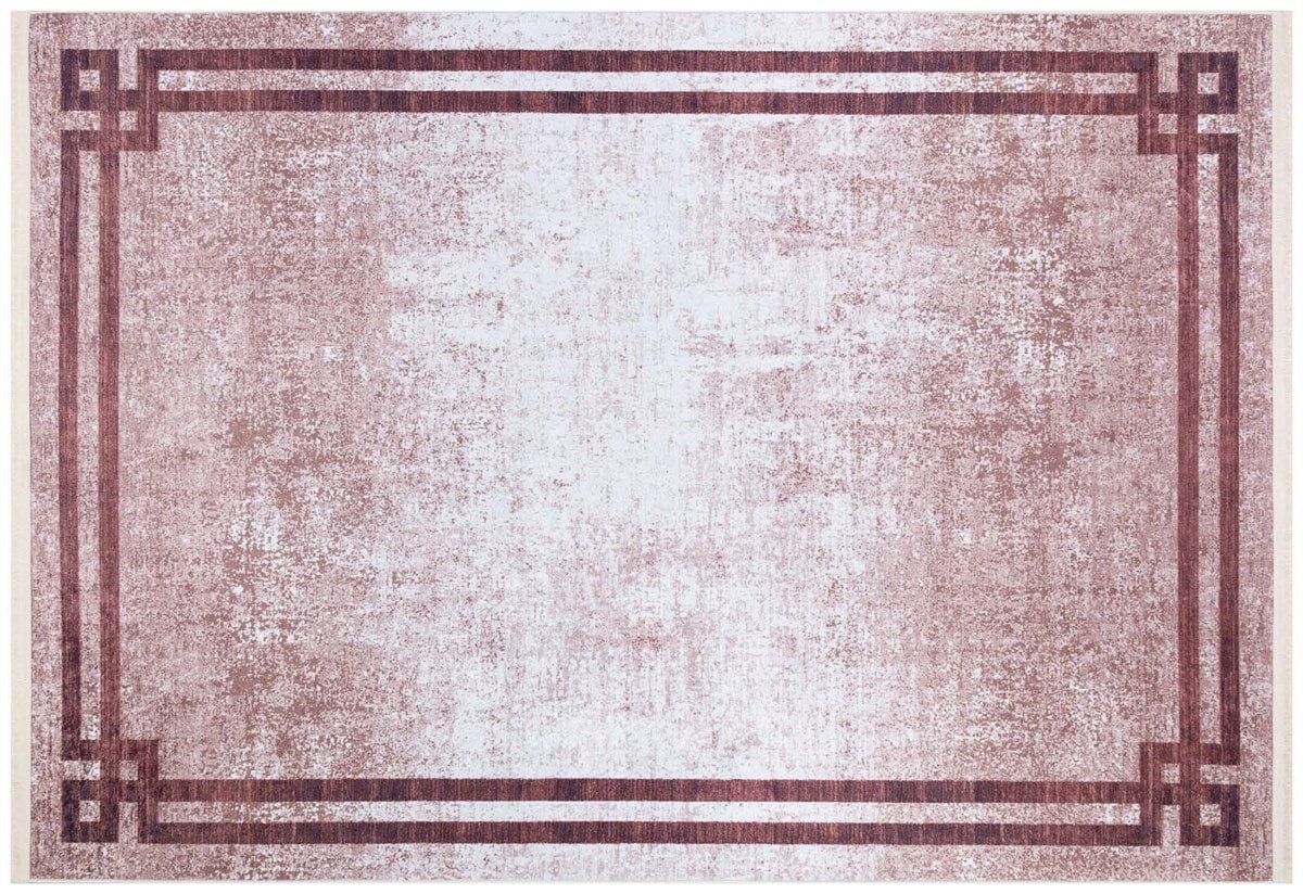 Distressed Greek Key Border Rug – Washable Terracotta Cream Faded Antique Carpet