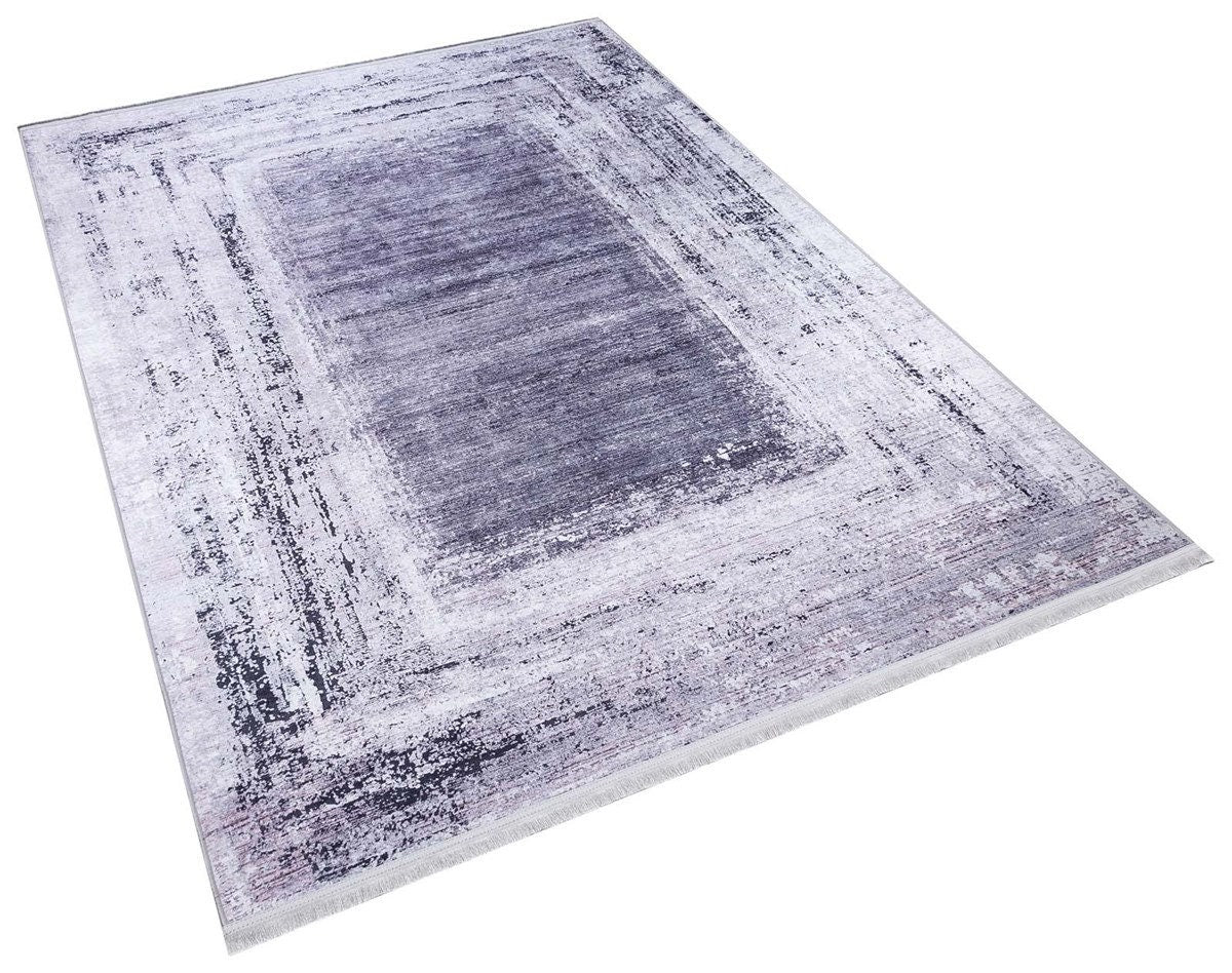 Distressed Gray Purple Abstract Area Rug, Washable Boho Carpet, Vintage Framed Design