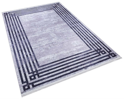 Modern Geometric Area Rug, Grey Black Border Living Room Carpet, Washable Floor Mat