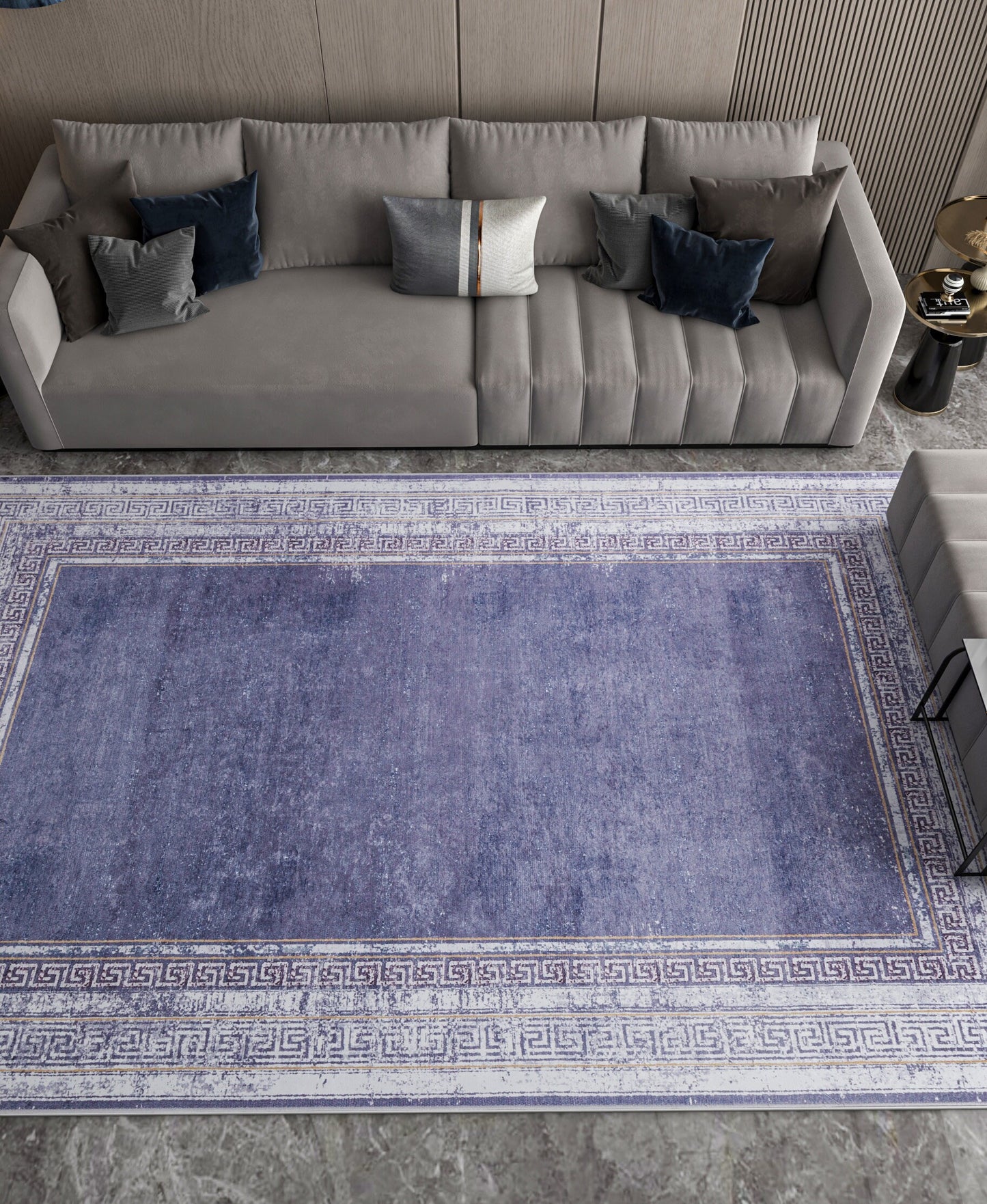 Distressed Lavender Area Rug | Greek Key Border, Vintage Style, Low Pile Carpet