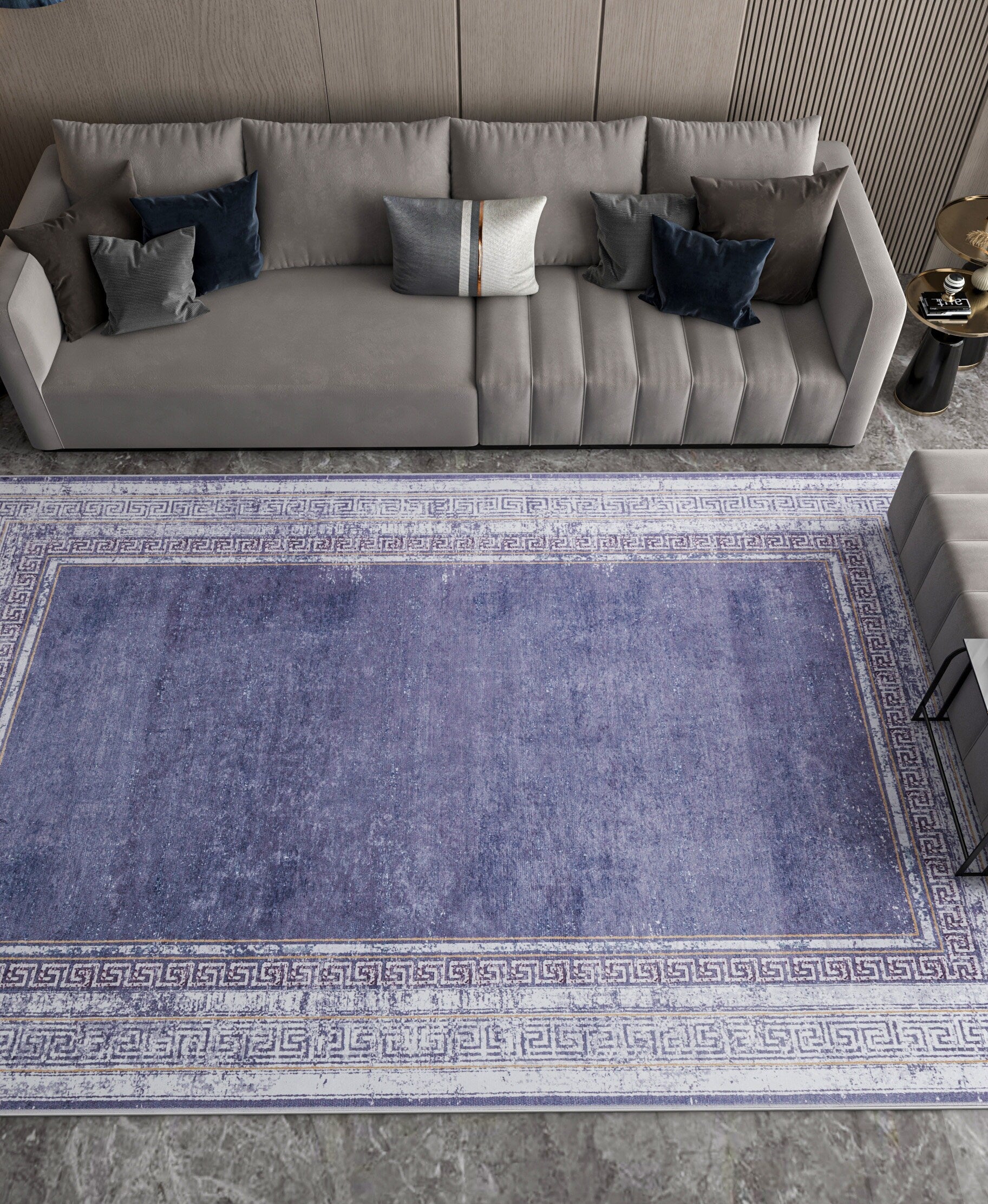 Distressed Lavender Area Rug | Greek Key Border, Vintage Style, Low Pile Carpet
