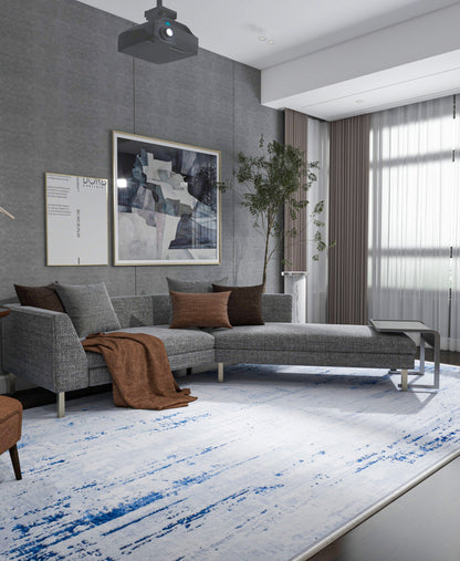 Washable Abstract Blue Watercolor Rug • Distressed Modern Carpet, Easy Clean Non-Slip