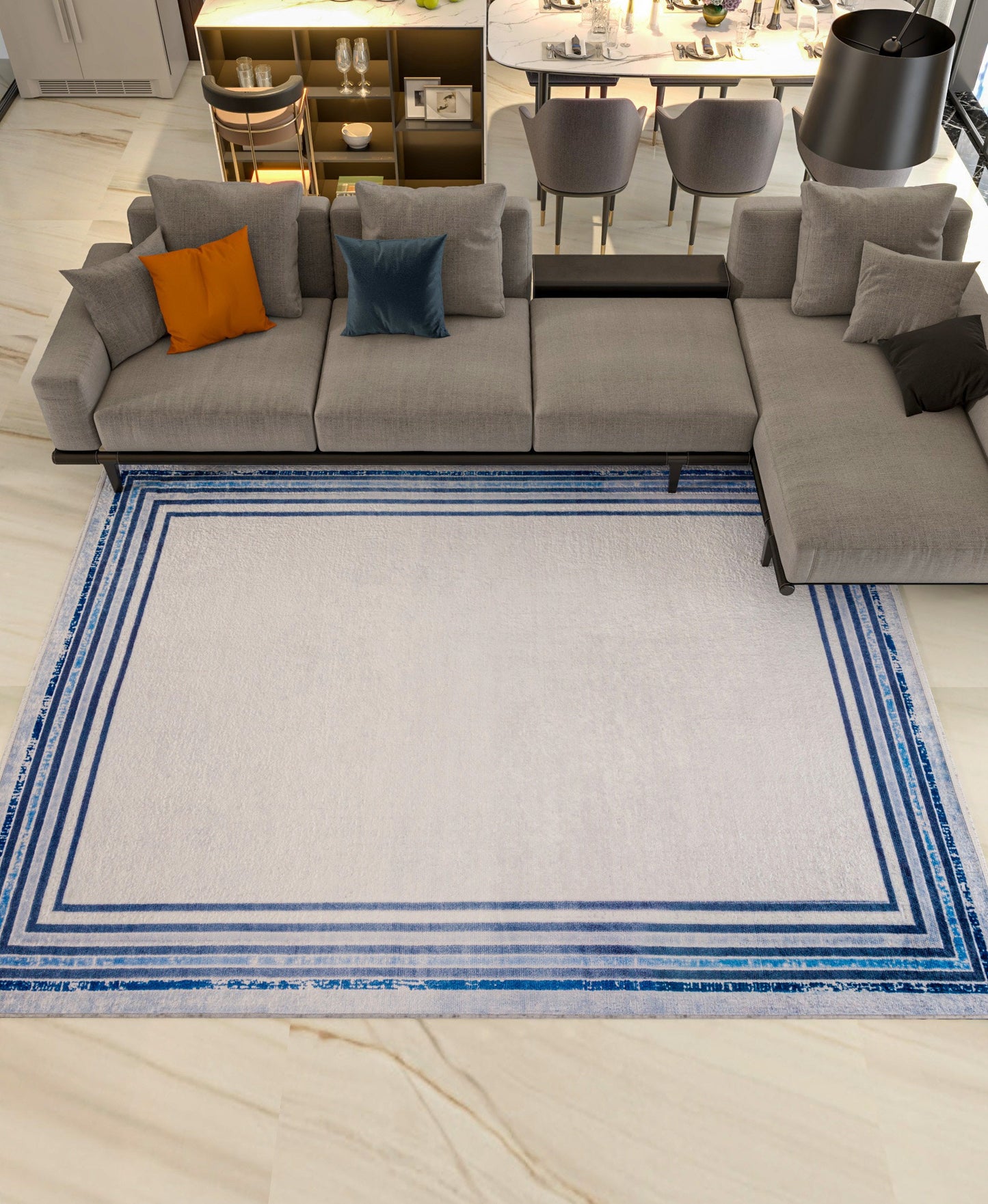 Modern Blue Border Washable Area Rug – Distressed Gray Carpet, Coastal Farmhouse Decor