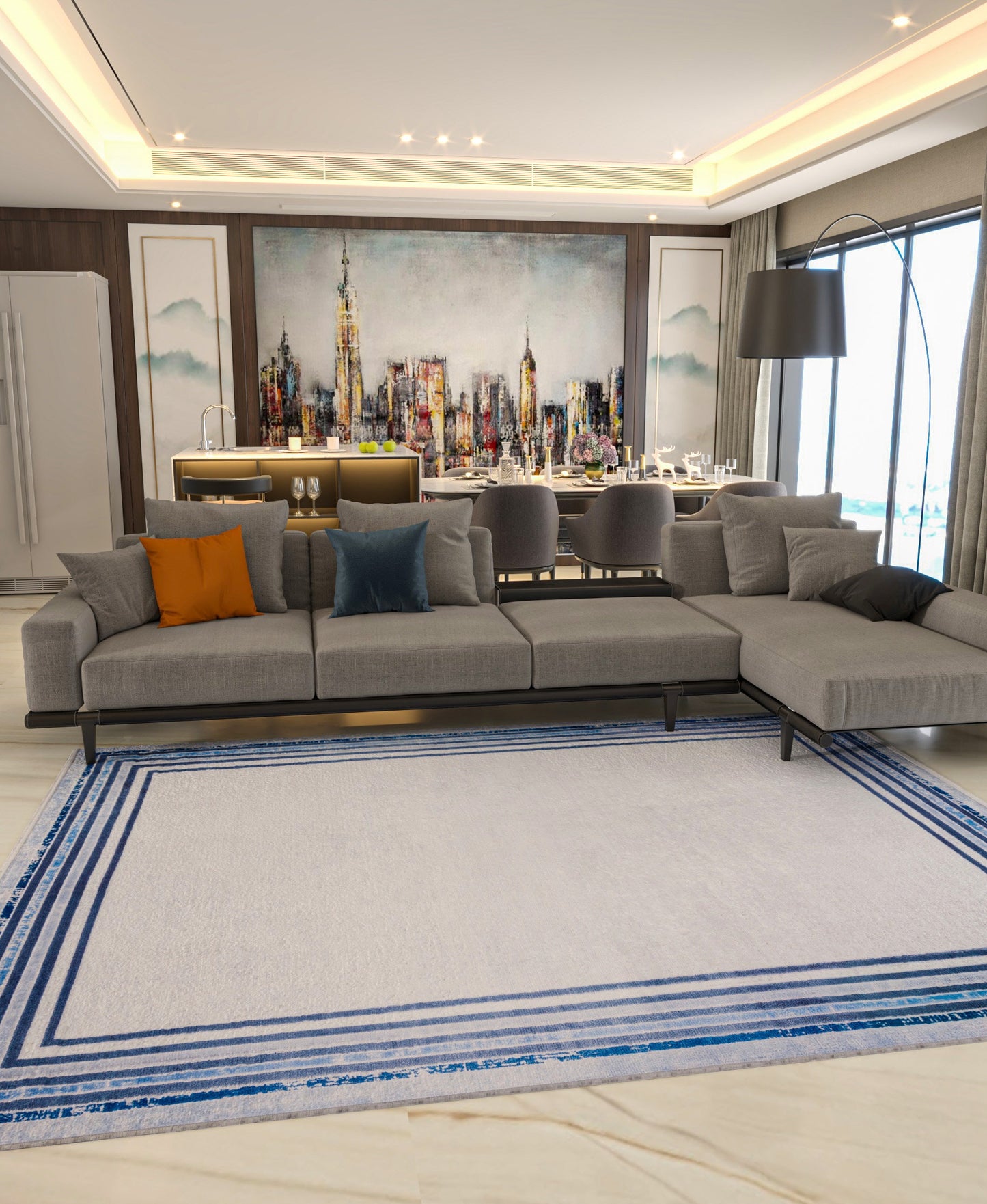 Modern Blue Border Washable Area Rug – Distressed Gray Carpet, Coastal Farmhouse Decor