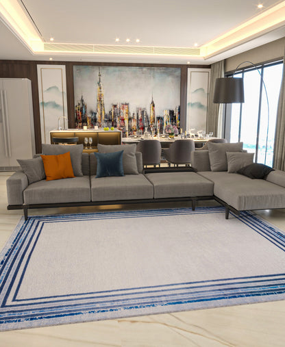 Modern Blue Border Washable Area Rug – Distressed Gray Carpet, Coastal Farmhouse Decor