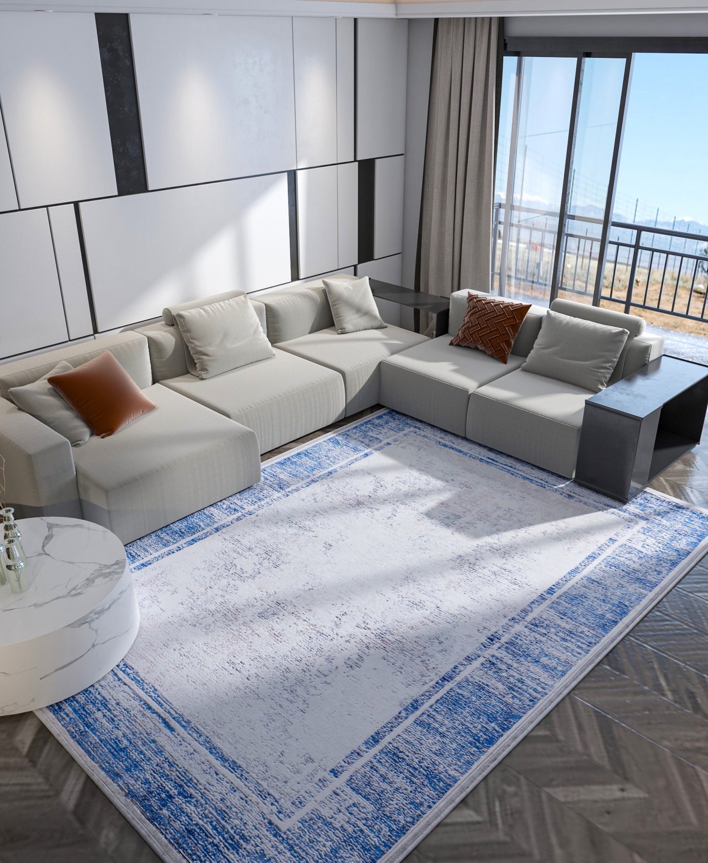 Distressed Blue Border Area Rug, Minimalist Scandinavian Living Room Carpet