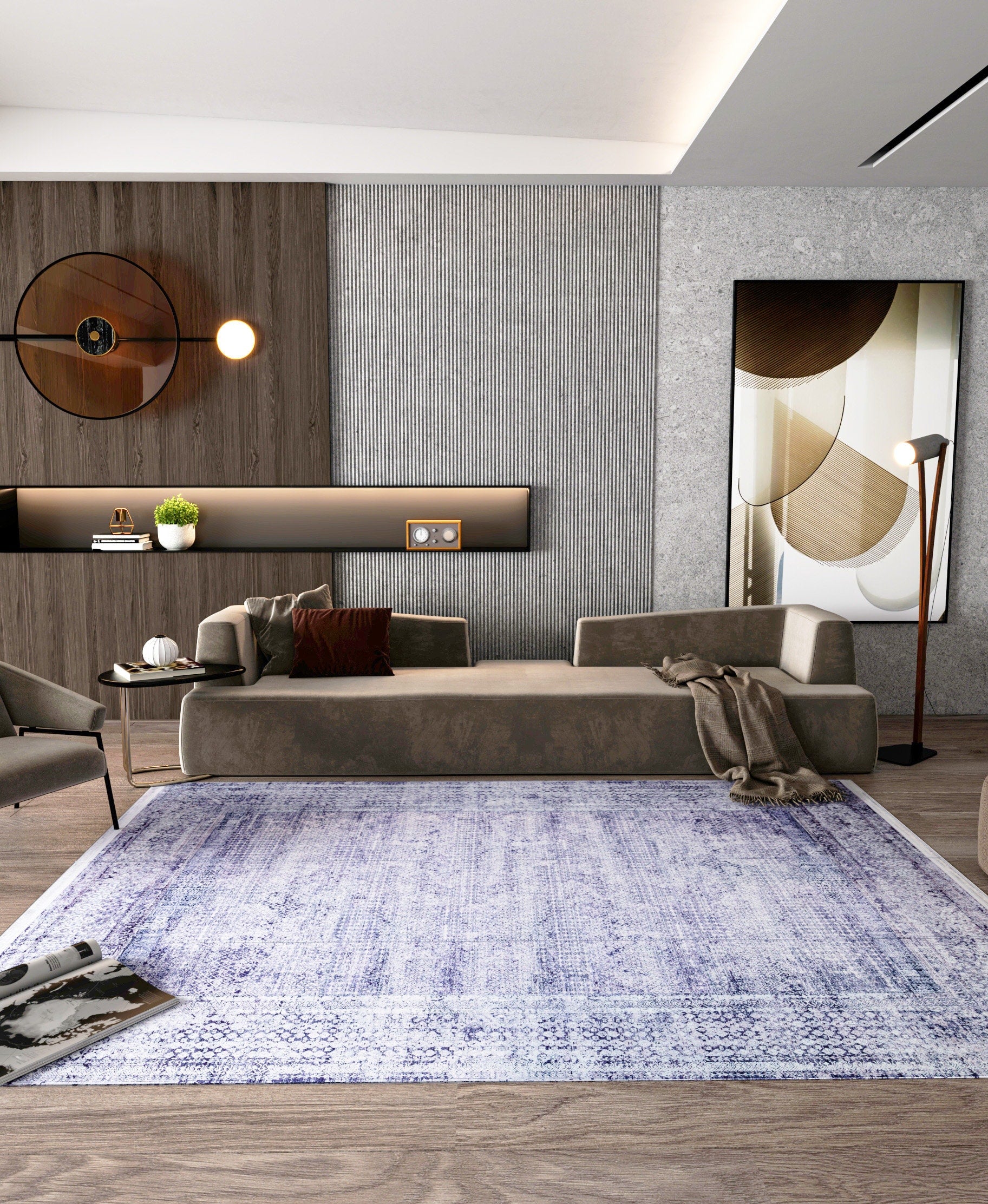 Distressed Purple Persian Style Medallion Carpet, Faded Lavender Living Room Rug