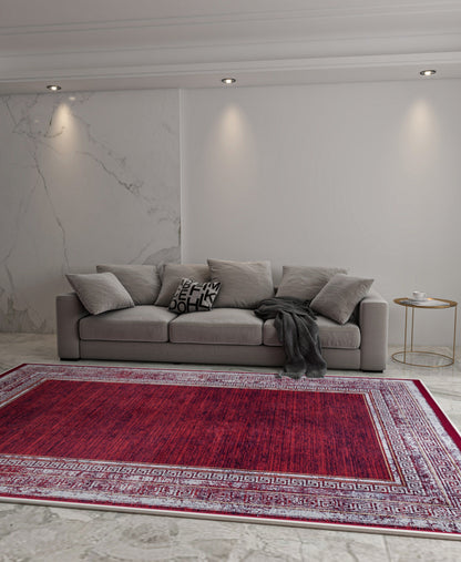 Distressed Red Greek Key Area Rug | Crimson Oriental Carpet, Meander Border