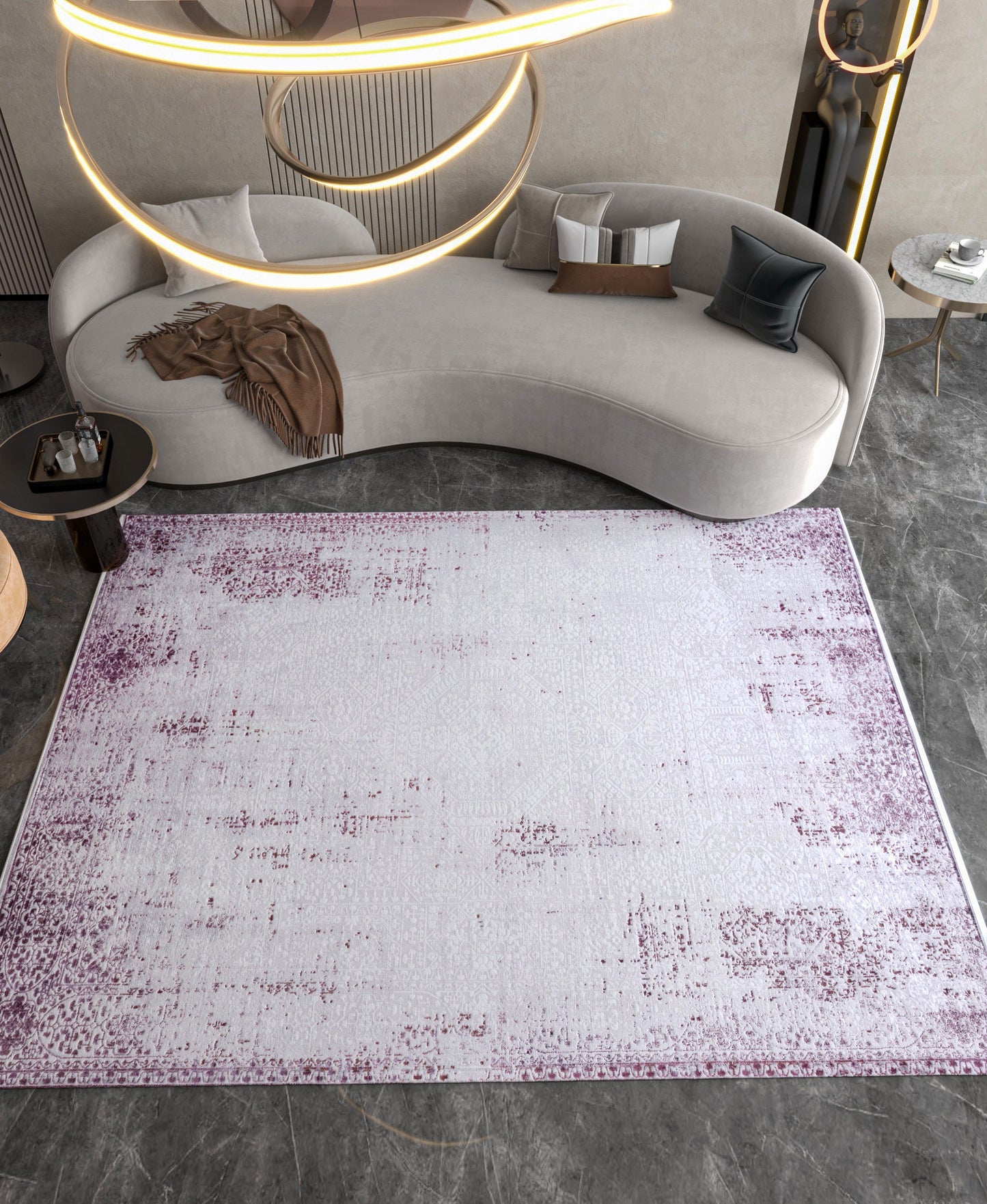 Distressed Lavender Medallion Rug – Washable, Low Pile Area Carpet (Pet-Friendly)