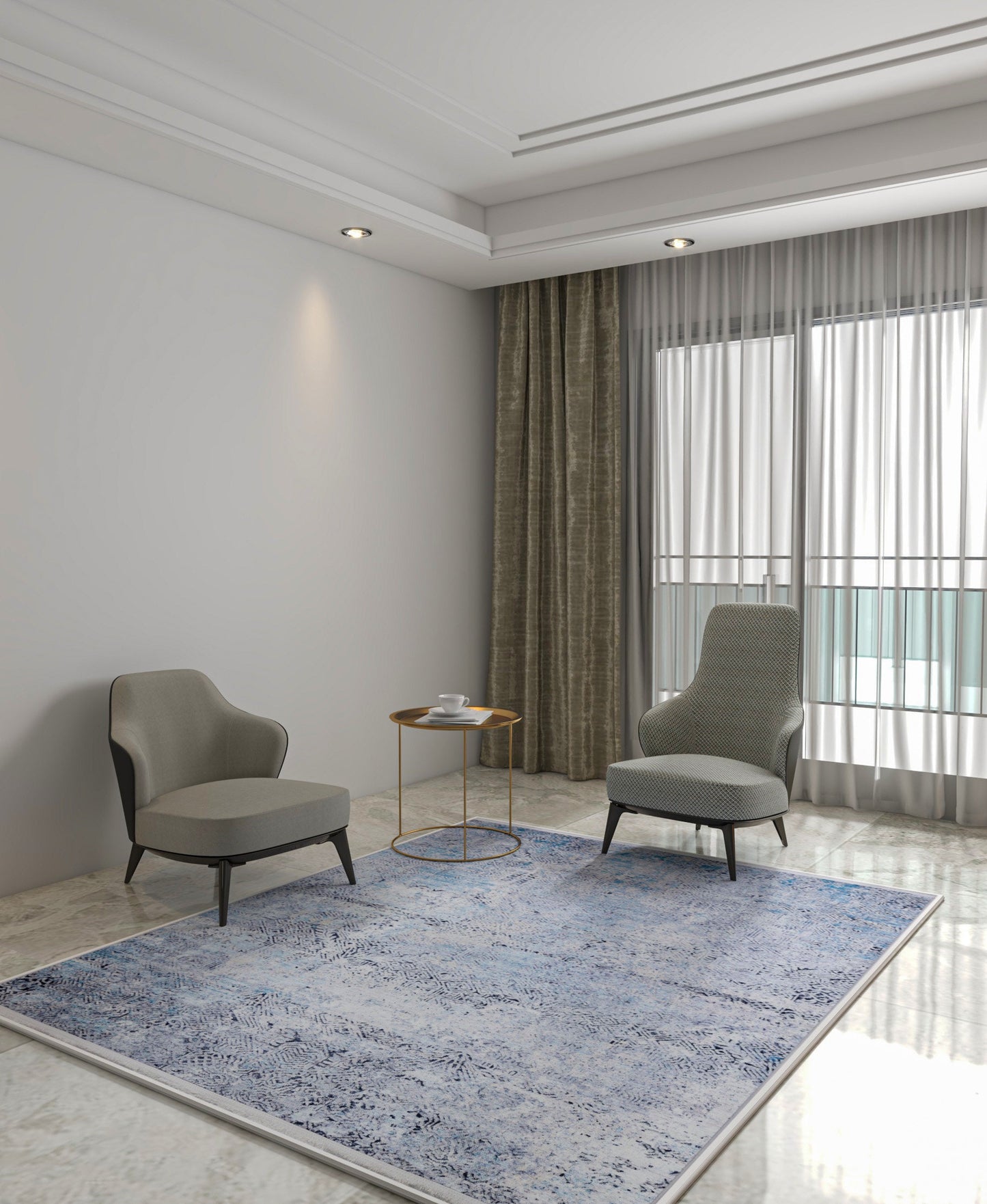 Distressed Blue Silver Abstract Area Rug, Modern Boho Faded Living Room Carpet