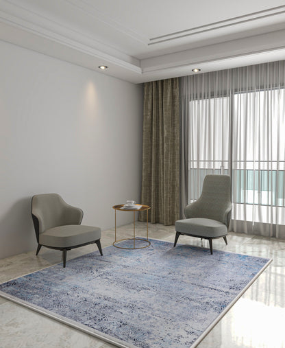 Distressed Blue Silver Abstract Area Rug, Modern Boho Faded Living Room Carpet