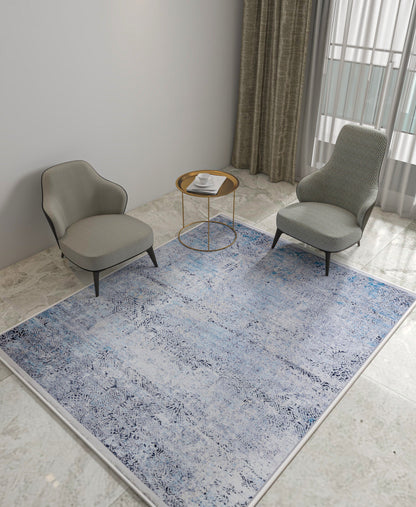 Distressed Blue Silver Abstract Area Rug, Modern Boho Faded Living Room Carpet