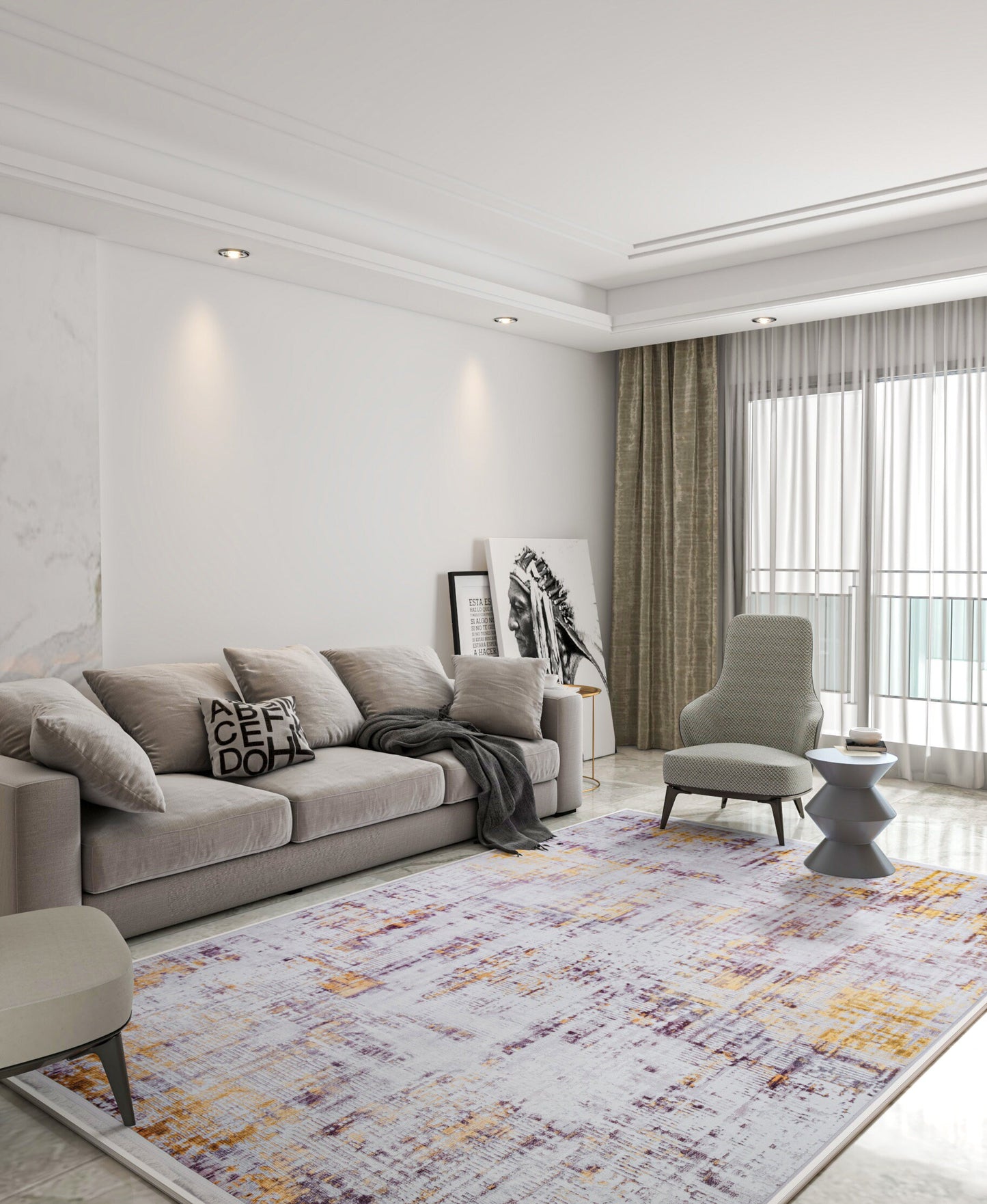 Abstract Yellowish Rug: Washable Contemporary carpet
