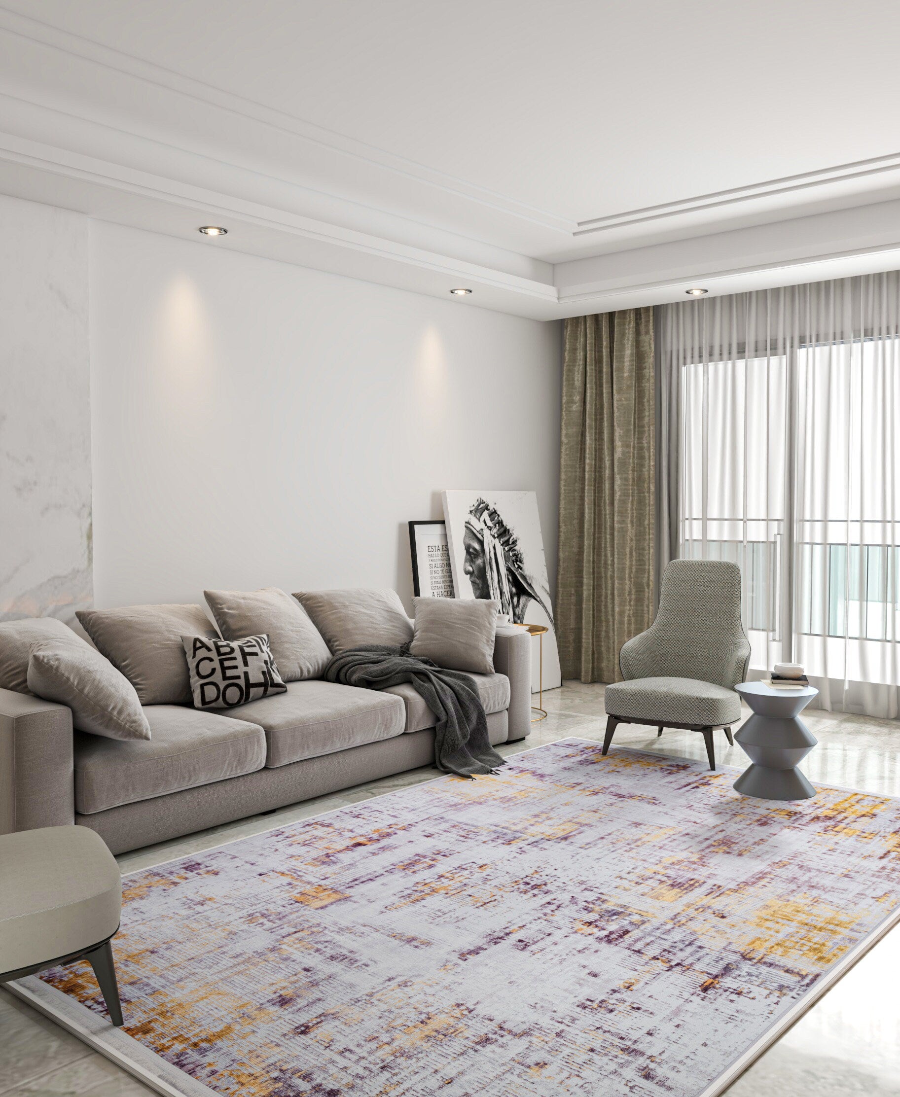 Abstract Yellowish Rug: Washable Contemporary carpet