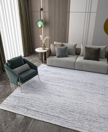 Distressed Linear Abstract Area Rug – Blue White Minimalist Carpet, Washable Non-Shedding