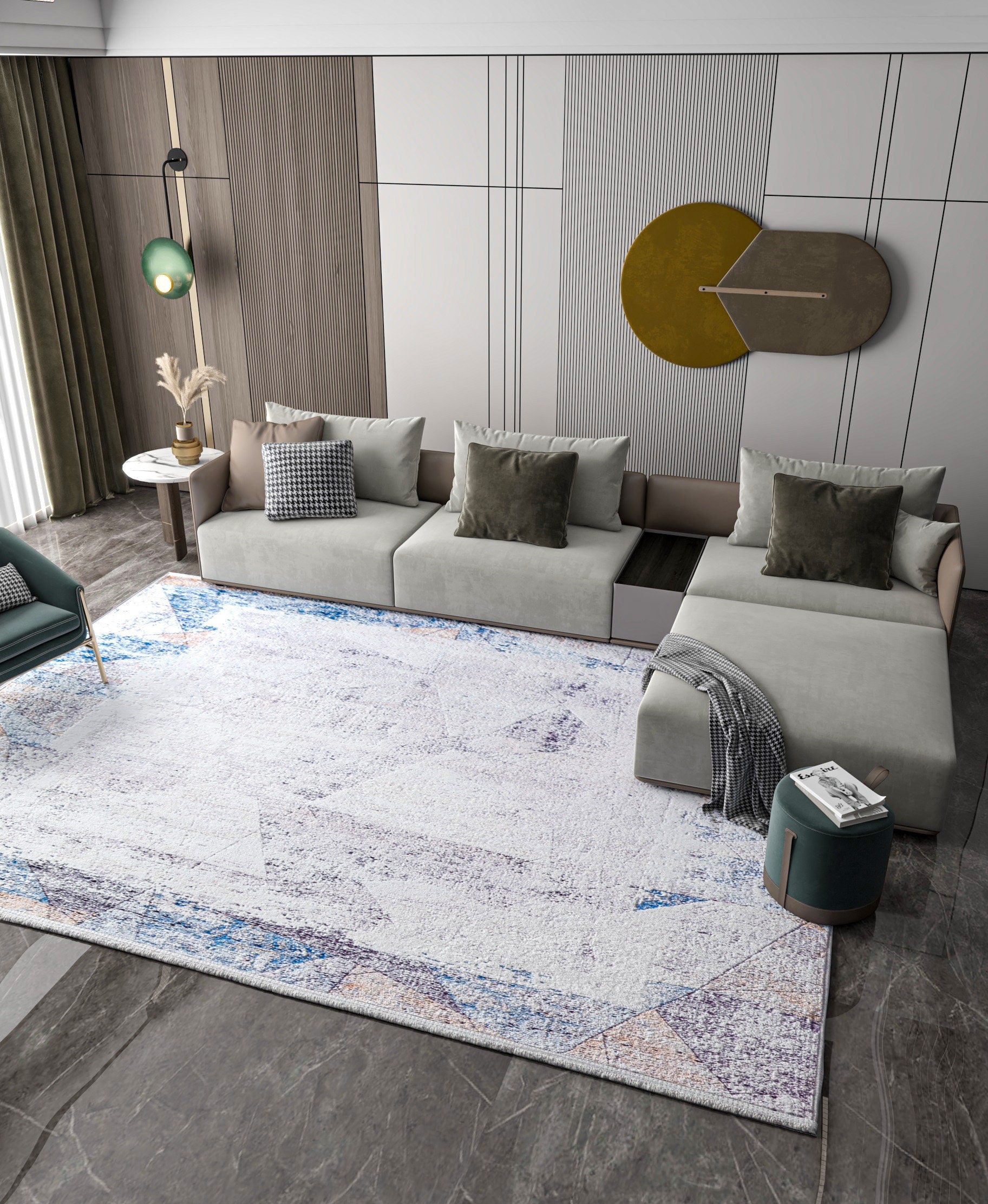 Distressed Abstract Geometric Area Rug – Blue Terracotta Boho Living Room Carpet