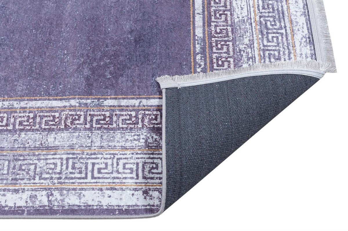 Distressed Lavender Area Rug | Greek Key Border, Vintage Style, Low Pile Carpet