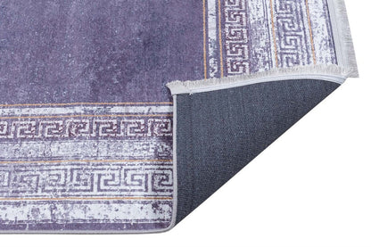 Distressed Lavender Area Rug | Greek Key Border, Vintage Style, Low Pile Carpet