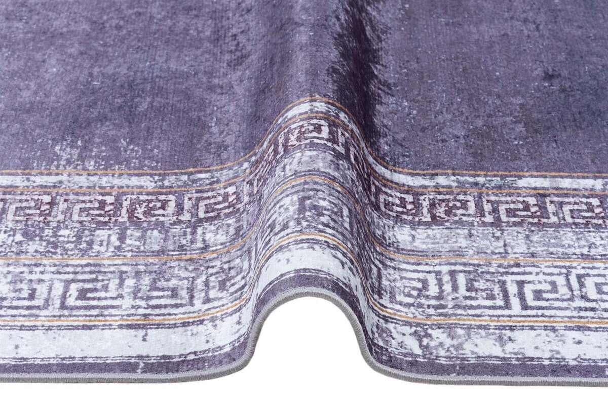 Distressed Lavender Area Rug | Greek Key Border, Vintage Style, Low Pile Carpet