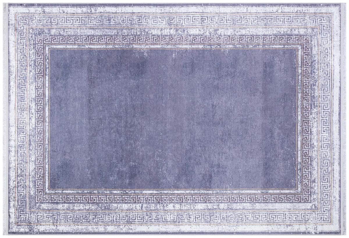 Distressed Lavender Area Rug | Greek Key Border, Vintage Style, Low Pile Carpet