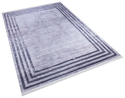 Modern Distressed Border Area Rug, Gray Charcoal Fringed Carpet, Washable Thin Living Room Rug