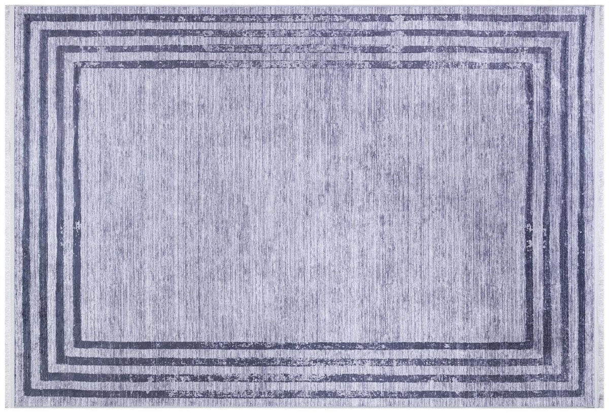 Modern Distressed Border Area Rug, Gray Charcoal Fringed Carpet, Washable Thin Living Room Rug