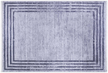 Modern Distressed Border Area Rug, Gray Charcoal Fringed Carpet, Washable Thin Living Room Rug