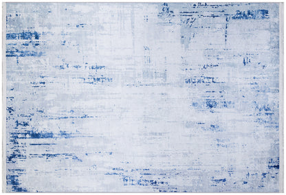 Washable Abstract Blue Watercolor Rug • Distressed Modern Carpet, Easy Clean Non-Slip