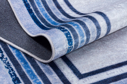 Modern Blue Border Washable Area Rug – Distressed Gray Carpet, Coastal Farmhouse Decor