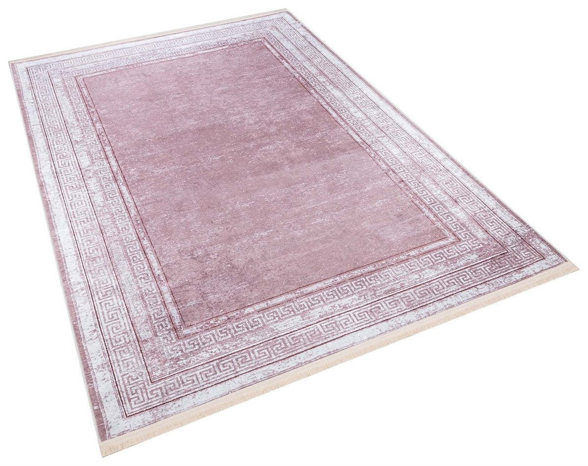 Distressed Mauve Turkish Rug – Greek Key Border, Boho Living Room Area Rug