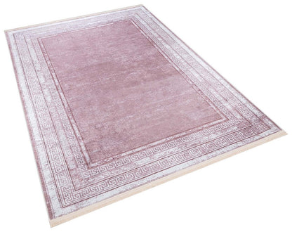 Distressed Mauve Turkish Rug – Greek Key Border, Boho Living Room Area Rug