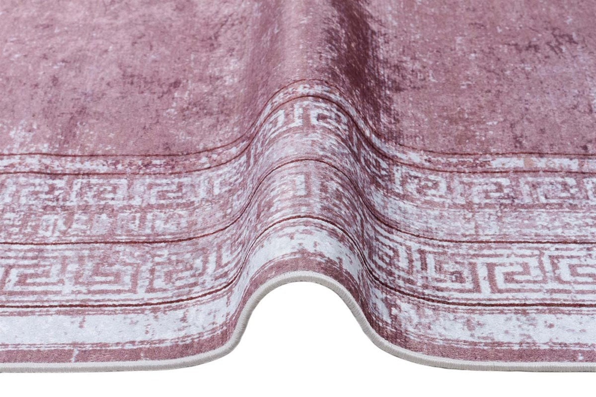 Distressed Mauve Turkish Rug – Greek Key Border, Boho Living Room Area Rug