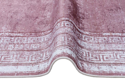 Distressed Mauve Turkish Rug – Greek Key Border, Boho Living Room Area Rug