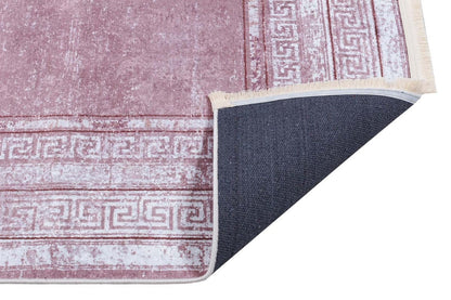 Distressed Mauve Turkish Rug – Greek Key Border, Boho Living Room Area Rug