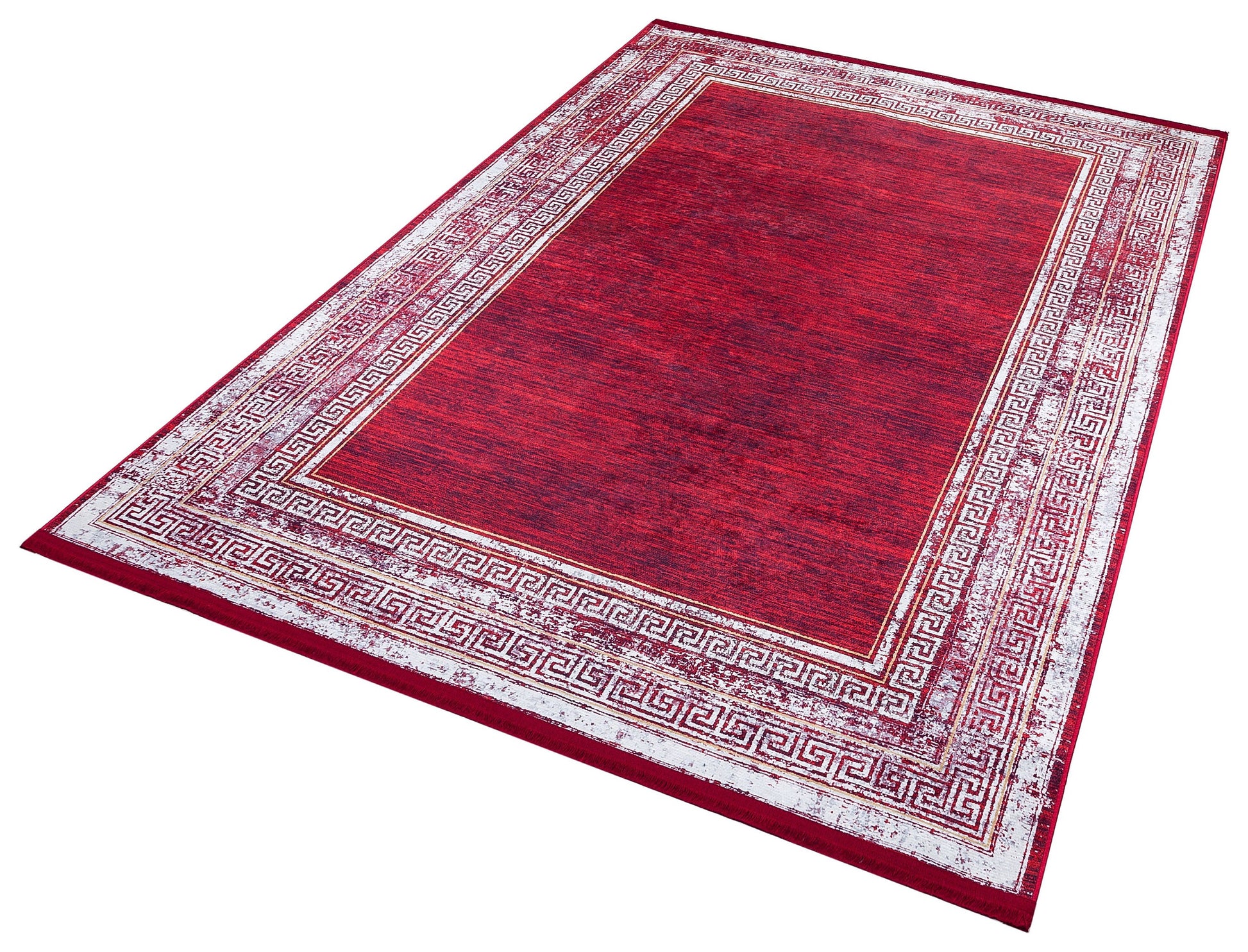 Distressed Red Greek Key Area Rug | Crimson Oriental Carpet, Meander Border