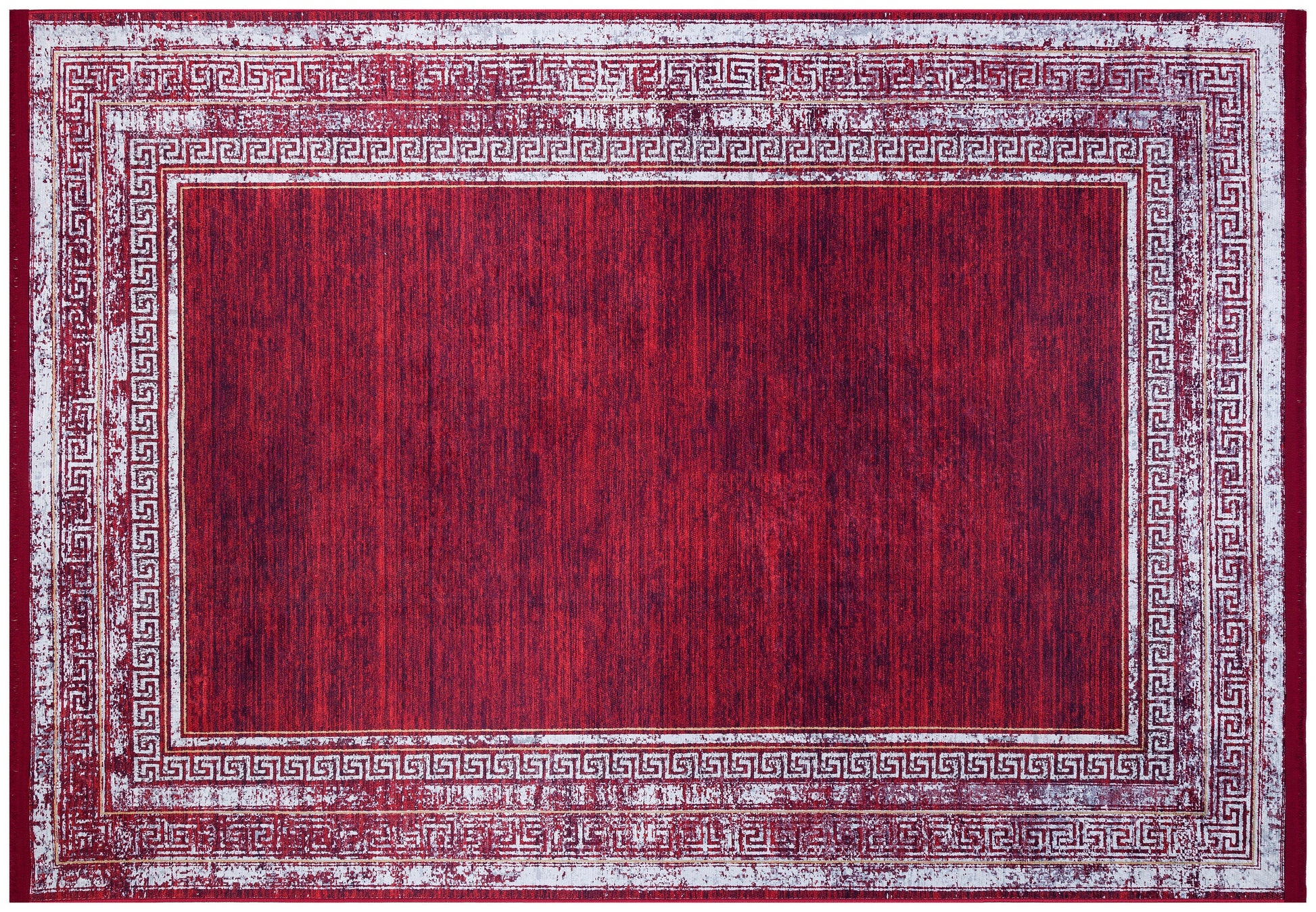 Distressed Red Greek Key Area Rug | Crimson Oriental Carpet, Meander Border