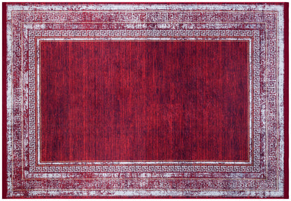 Distressed Red Greek Key Area Rug | Crimson Oriental Carpet, Meander Border