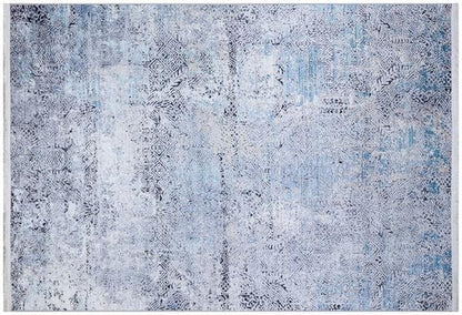 Distressed Blue Silver Abstract Area Rug, Modern Boho Faded Living Room Carpet