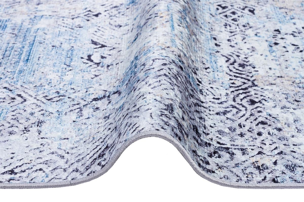 Distressed Blue Silver Abstract Area Rug, Modern Boho Faded Living Room Carpet