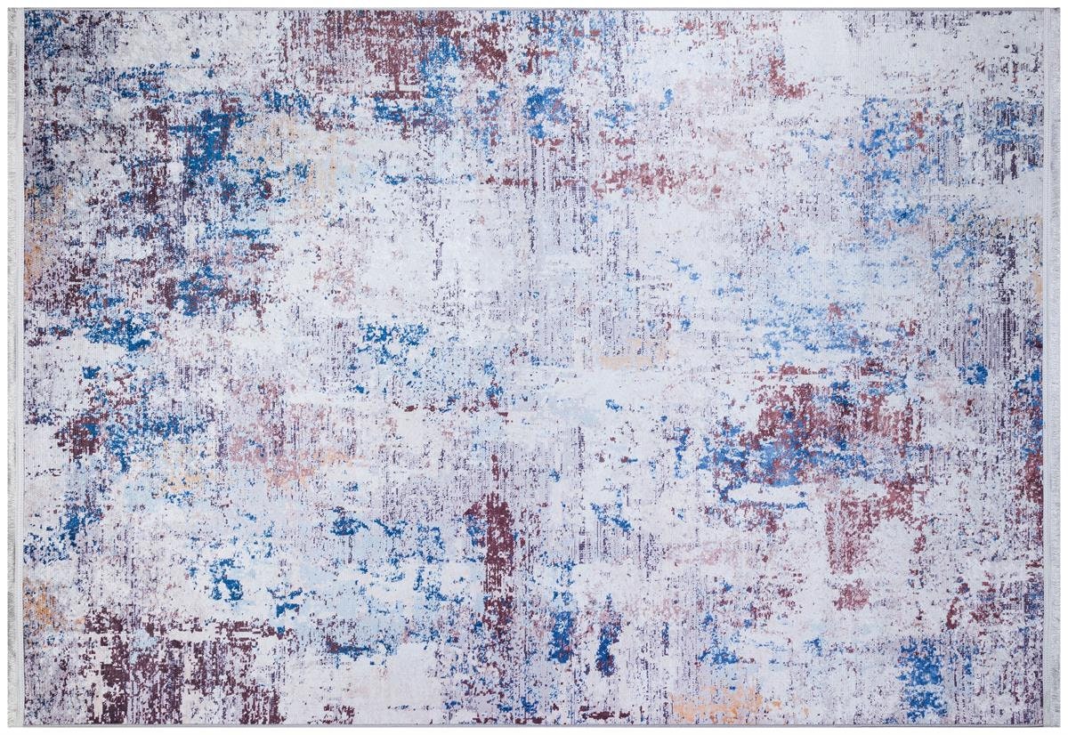 Distressed Abstract Area Rug – Blue, Burgundy, Cream Boho Carpet – Washable Low Pile Floor Mat