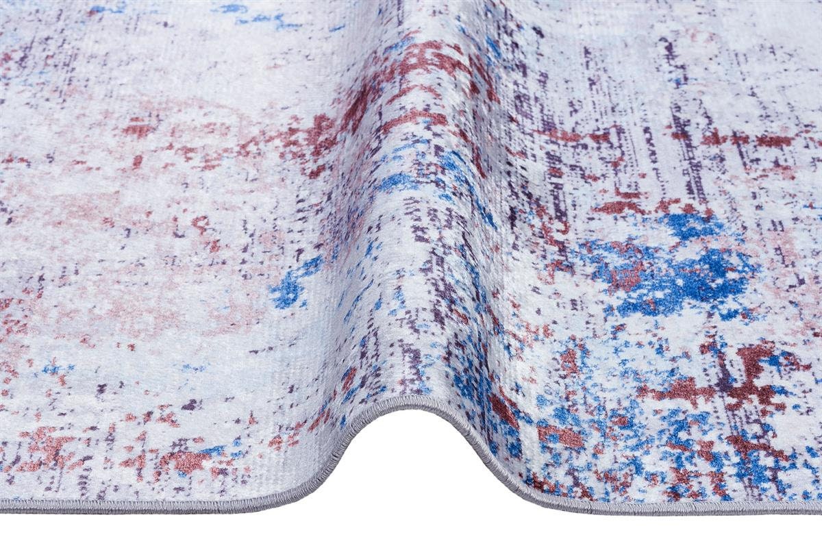 Distressed Abstract Area Rug – Blue, Burgundy, Cream Boho Carpet – Washable Low Pile Floor Mat