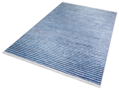 Washable Blue Striped Area Rug, Modern Scandinavian Carpet, Farmhouse Bedroom Mat