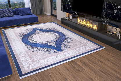 Navy Blue Ivory Oriental Medallion Area Rug, Distressed Persian Style Carpet