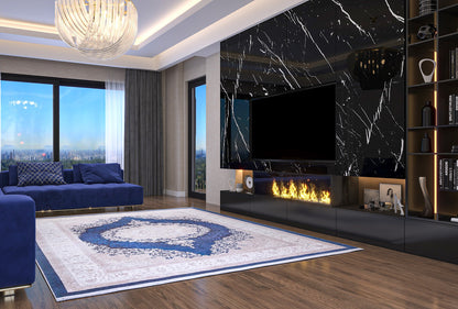 Navy Blue Ivory Oriental Medallion Area Rug, Distressed Persian Style Carpet